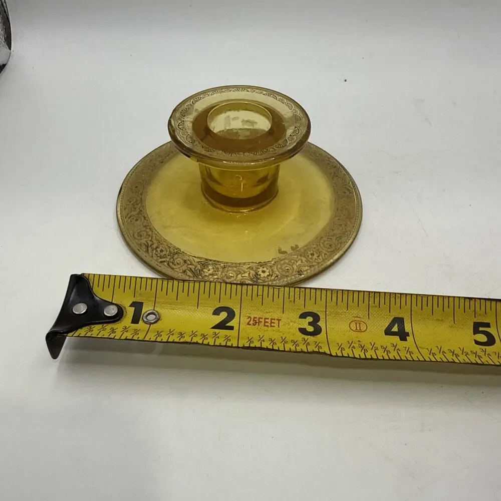 Vintage Amber Glass Candle Holder Ornate Floral Scroll Taper Chamberstick *